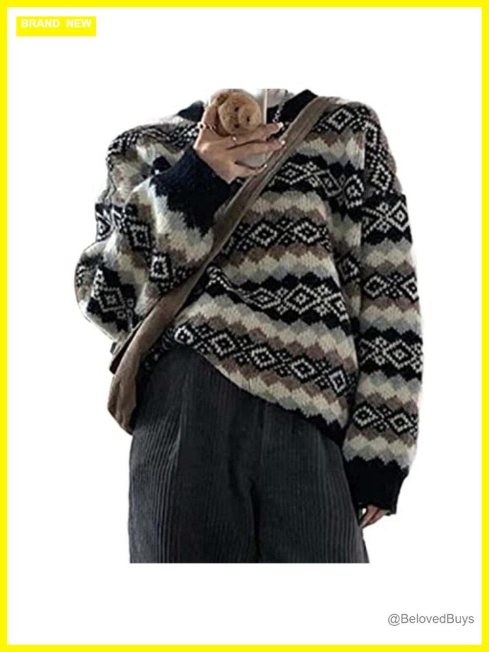 Argyle Print Pullover Sweater Crewneck Knit Western Grandpa